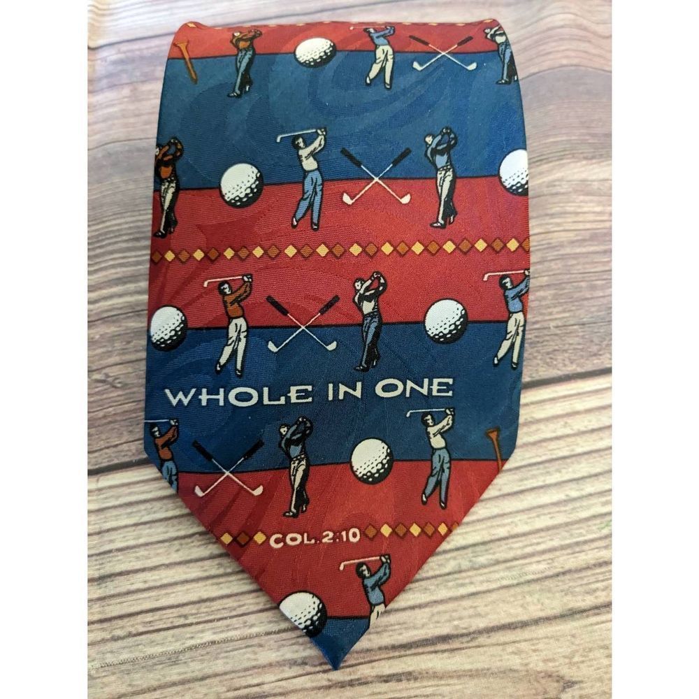 Men's Appointed Apparel Golf Tie, Pun on Col 2:10 Blue &Red Whole in One T60